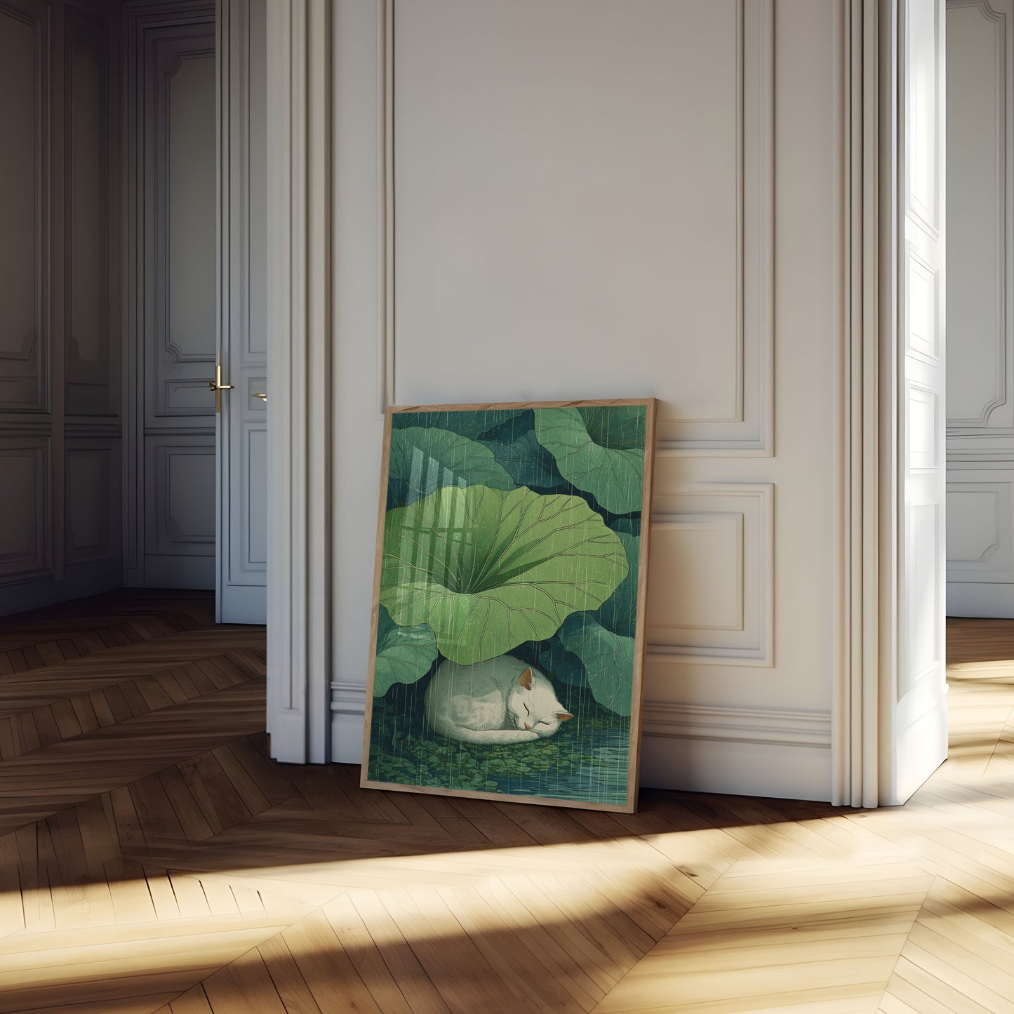 Hvid kat under vandliljeblad plakat