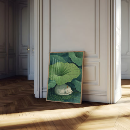 Hvid kat under vandliljeblad plakat