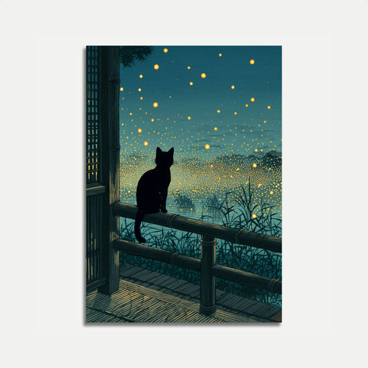 Cat Gazing at Fireflies Poster