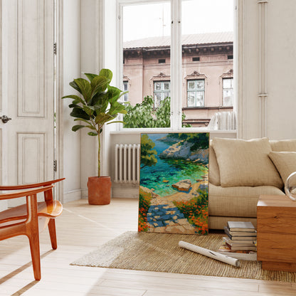Wandbild Küstenbucht mit Wildblumen