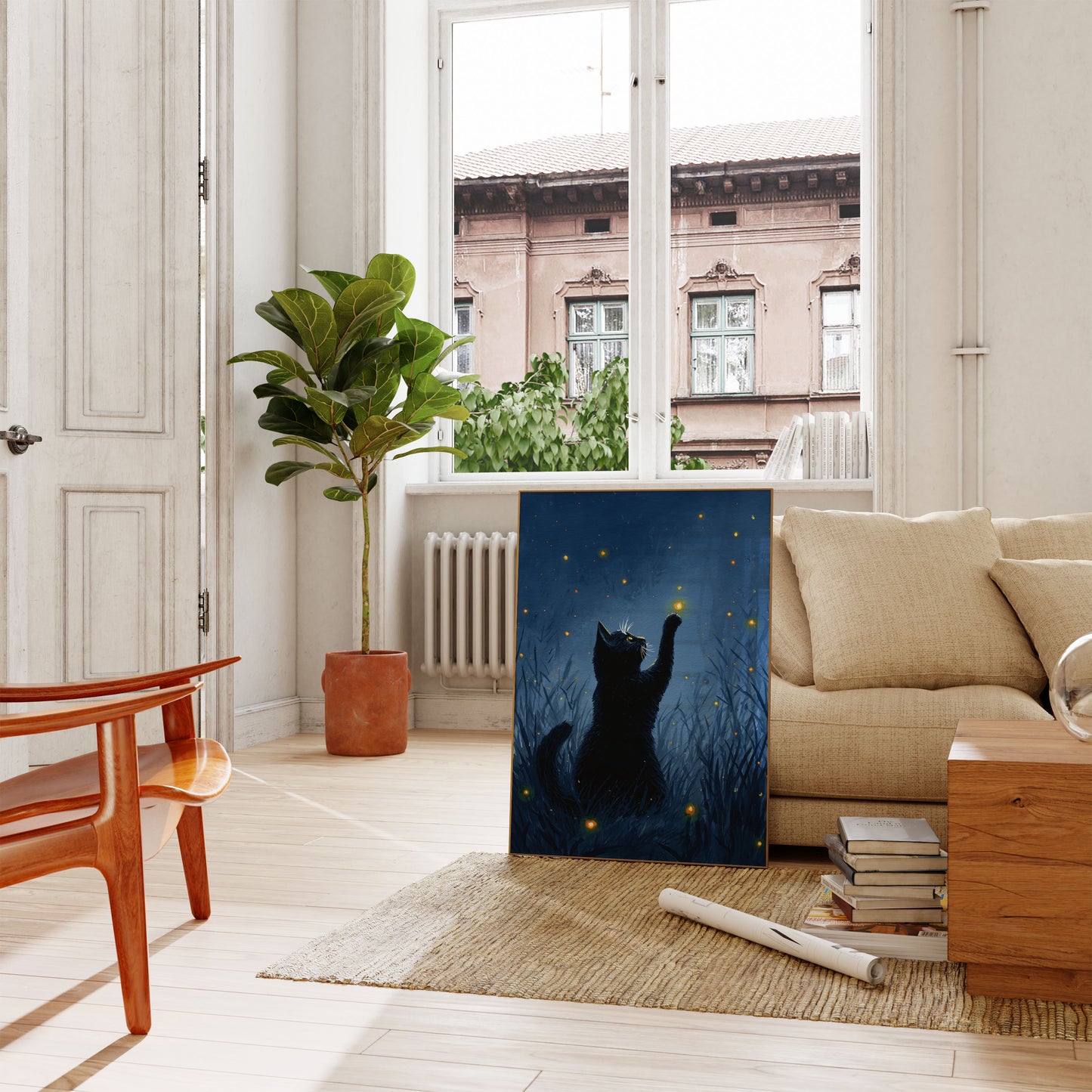 Cat Reaching for Fireflies Poster