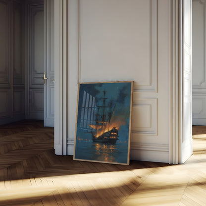 Burning Pirate Ship Night Poster