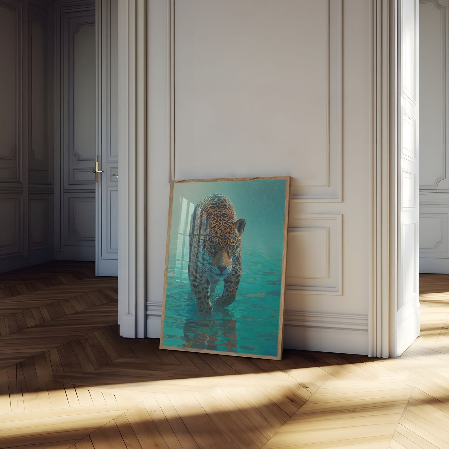 Jaguar Wading Through Turquoise Waters Poster