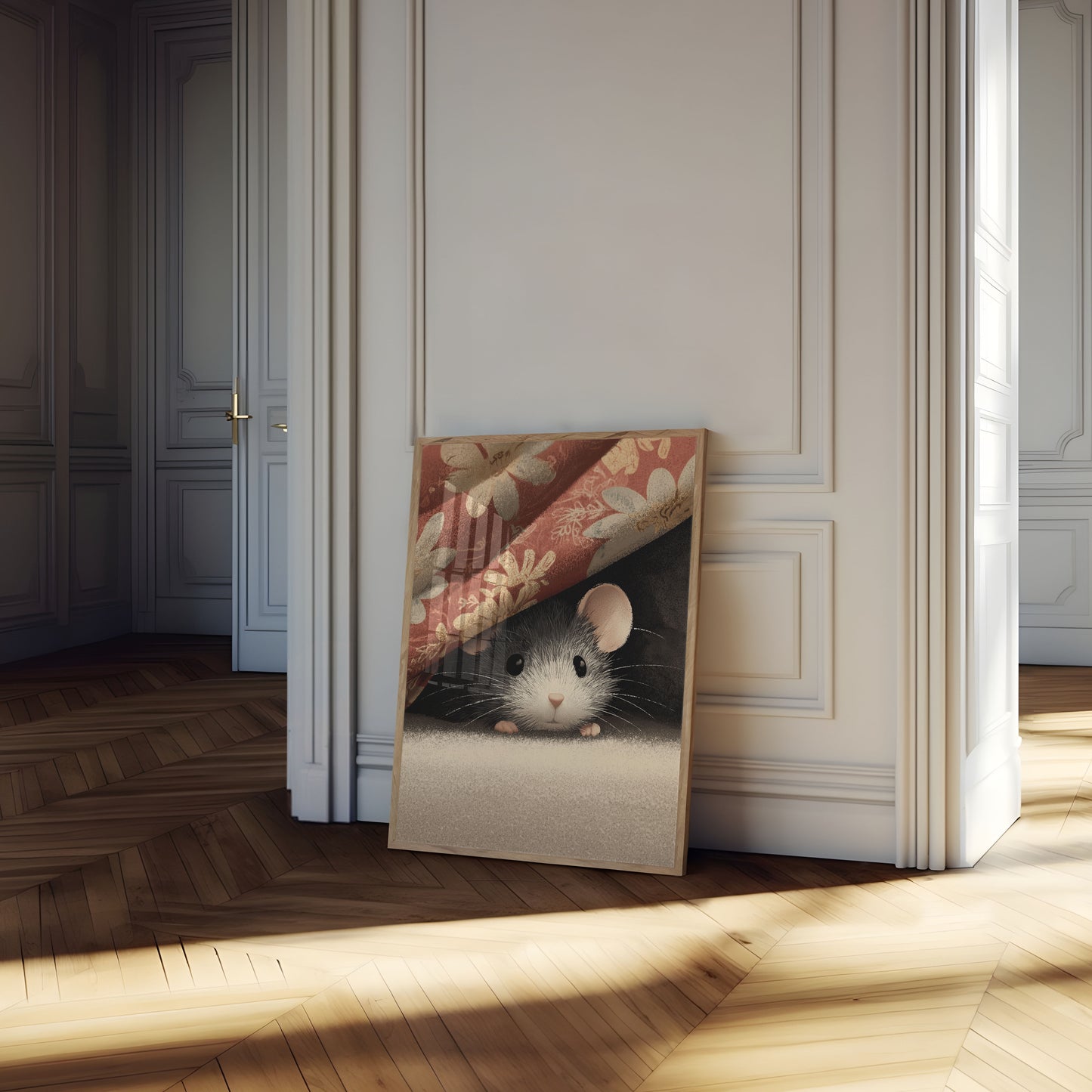 Cozy Mouse Behind Curtain Poster