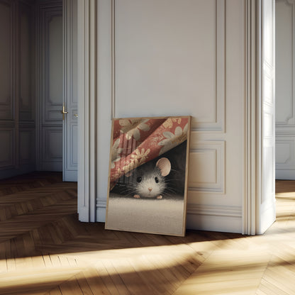 Cozy Mouse Behind Curtain Poster