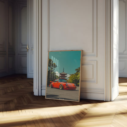 Oranje Porsche Tokyo Pagode Poster