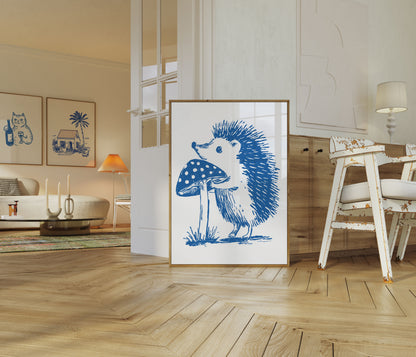 Whimsical Blue Hedgehog Woodland Poster