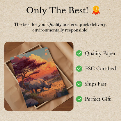 African Savanna Sunset Rhino Poster