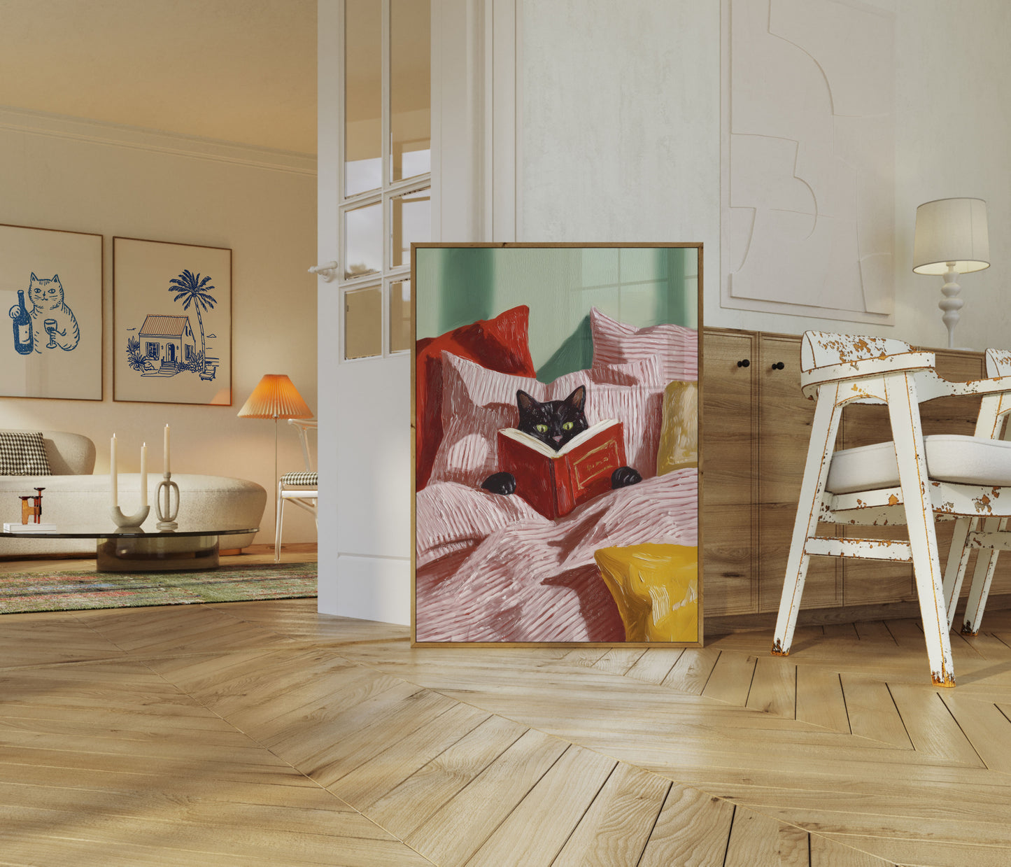 Reading Cat in Cozy Bed Poster