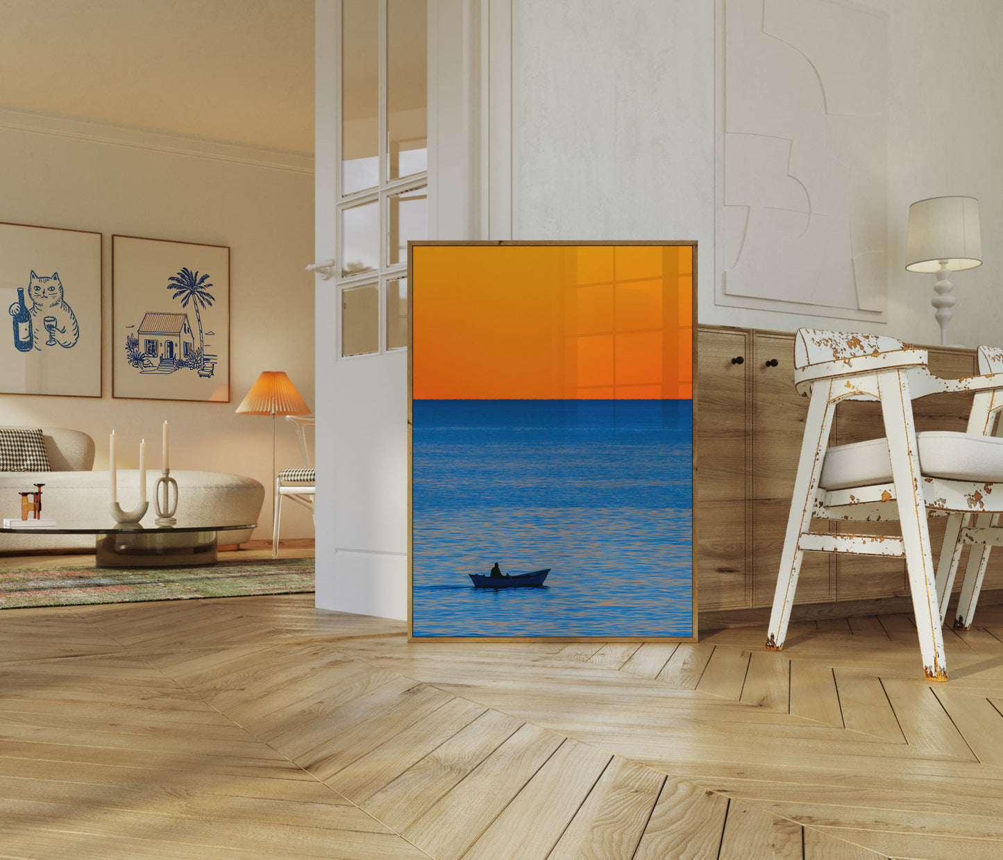 Barco Solitário ao Pôr do Sol Poster