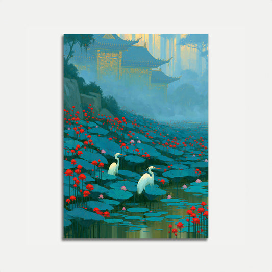 Cranes in the Lotus Pond Poster