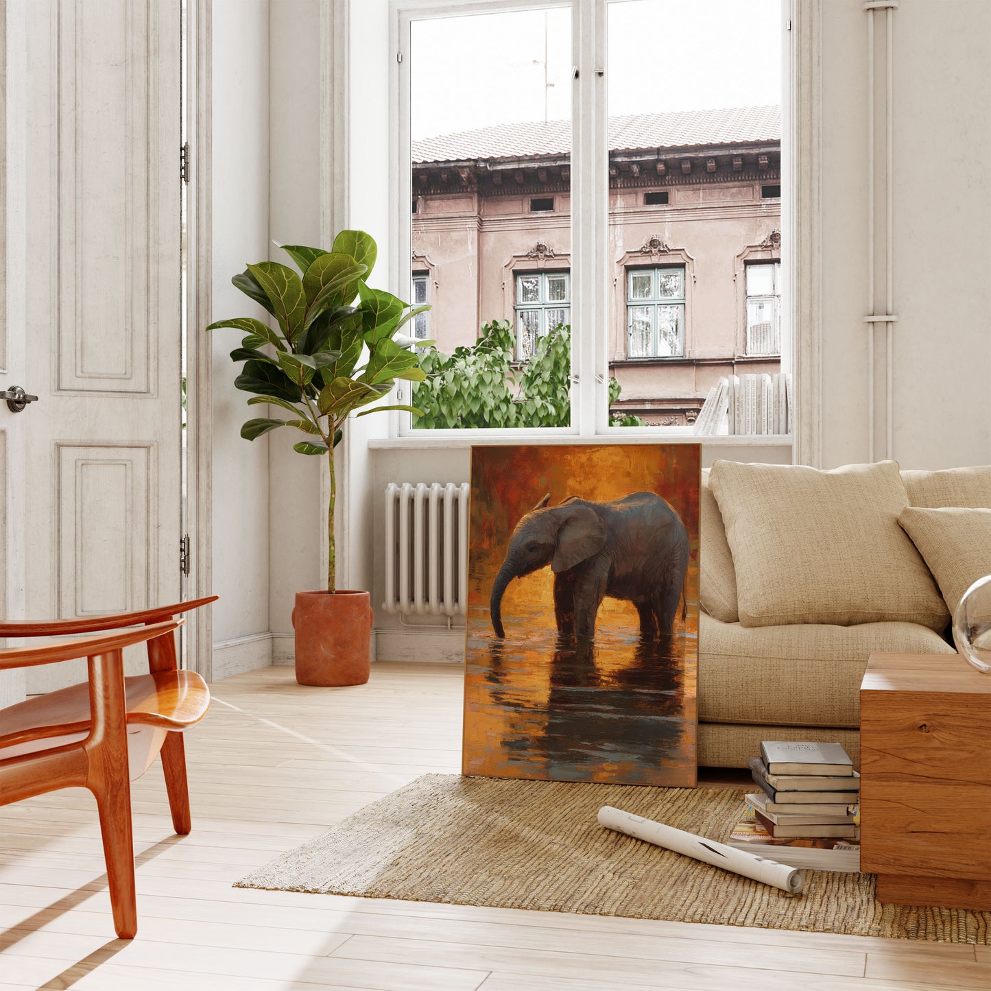 Affiche Éléphant se Baignant au Coucher du Soleil
