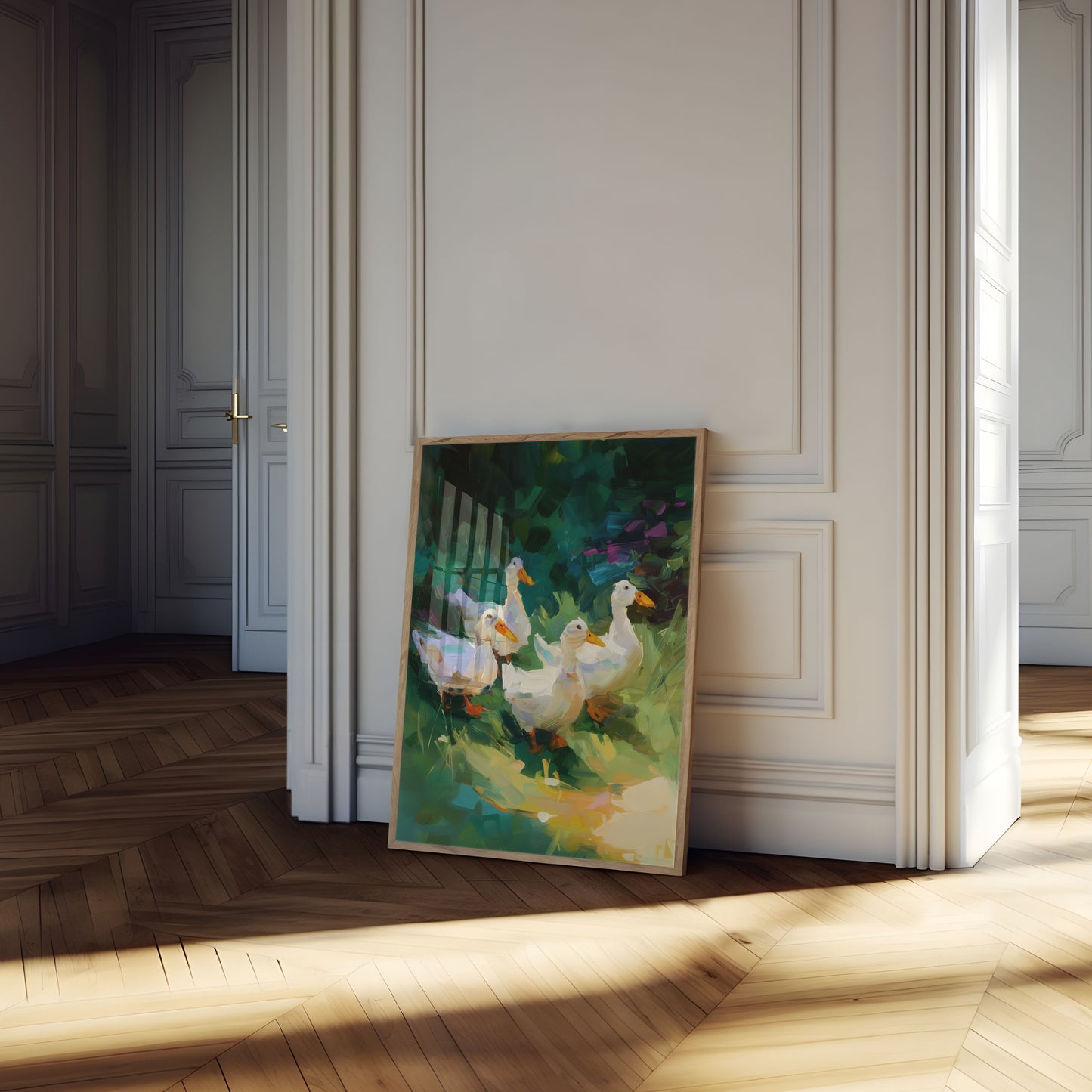 White Ducks in Green Meadow Poster