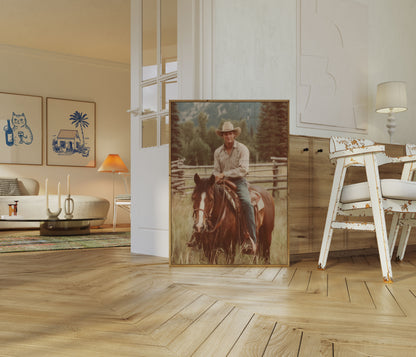 Cowboy on Horseback Mountain Poster