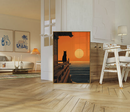 Schwarze Katze Sonnenuntergang Ozean Plakat