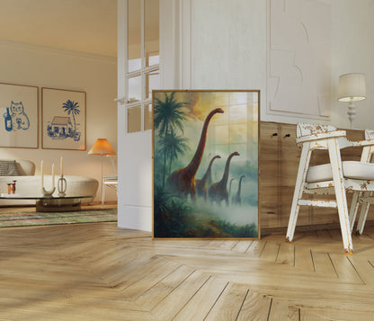 Póster de paisaje brumoso de dinosaurios