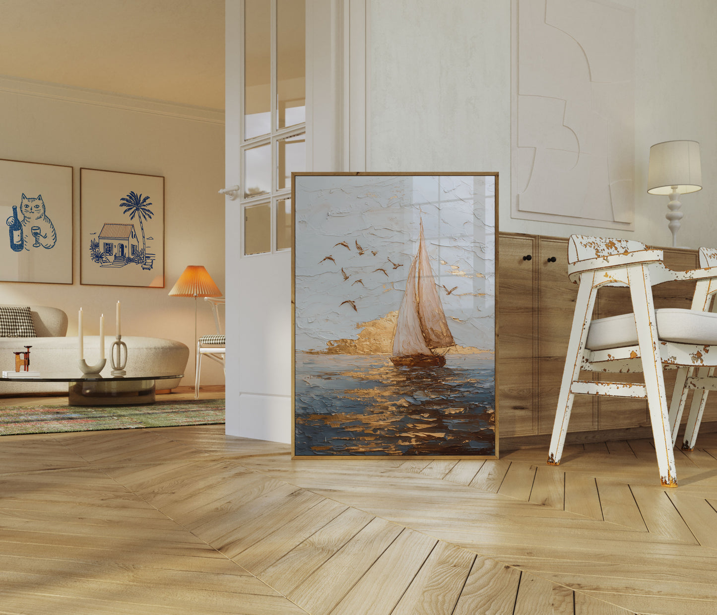 Golden Sailboat at Sunset Poster