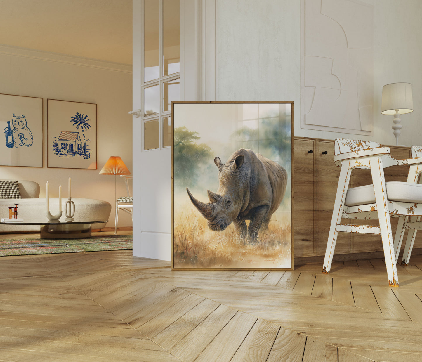 Póster de un majestuoso rinoceronte en la pradera