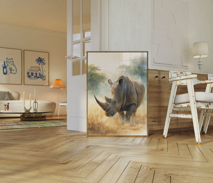 Póster de un majestuoso rinoceronte en la pradera