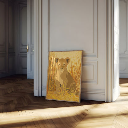 Young Lion in Golden Grassland Poster