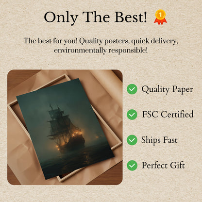Ghostly Pirate Ship Night Poster
