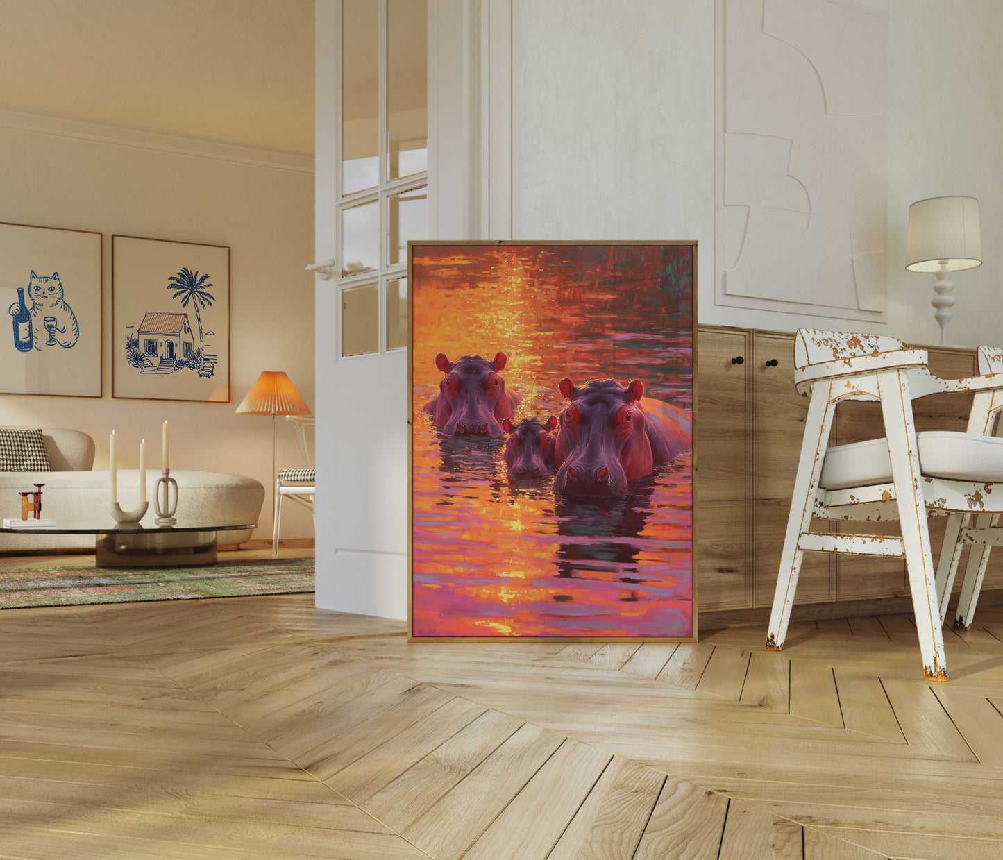 Hippos in Golden Sunset Poster