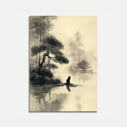 Zen Cat by the Pagoda Poster