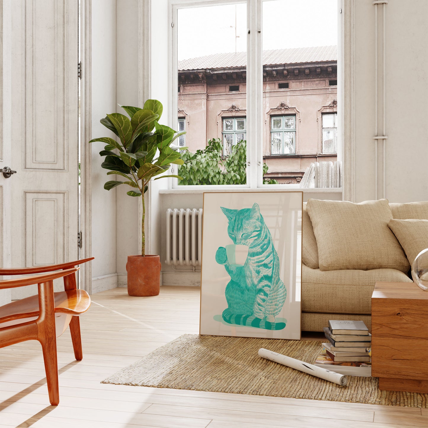 Caffeine Cat Line Art Poster