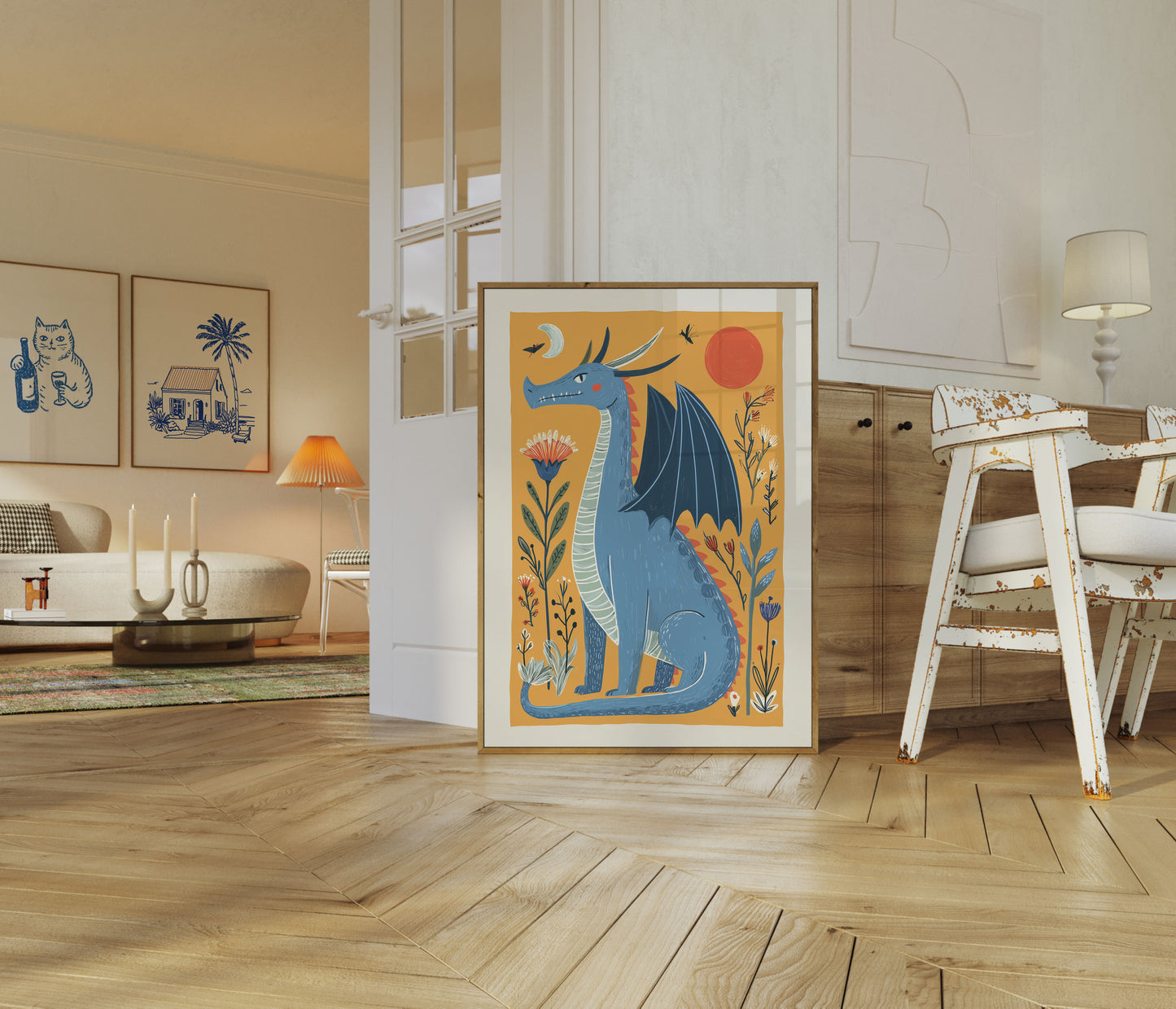 Póster de fantasía del bosque del dragón azul