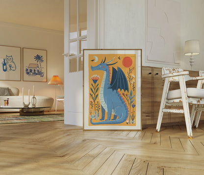 Póster de fantasía del bosque del dragón azul