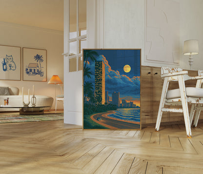 Moonlit Beach City Escape Poster