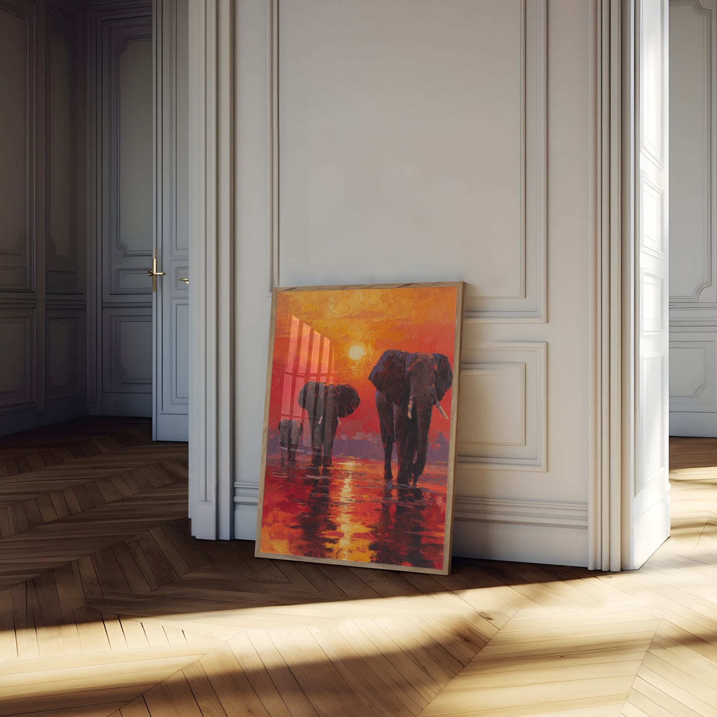 Affiche d'Éléphants d'Afrique au Coucher de Soleil