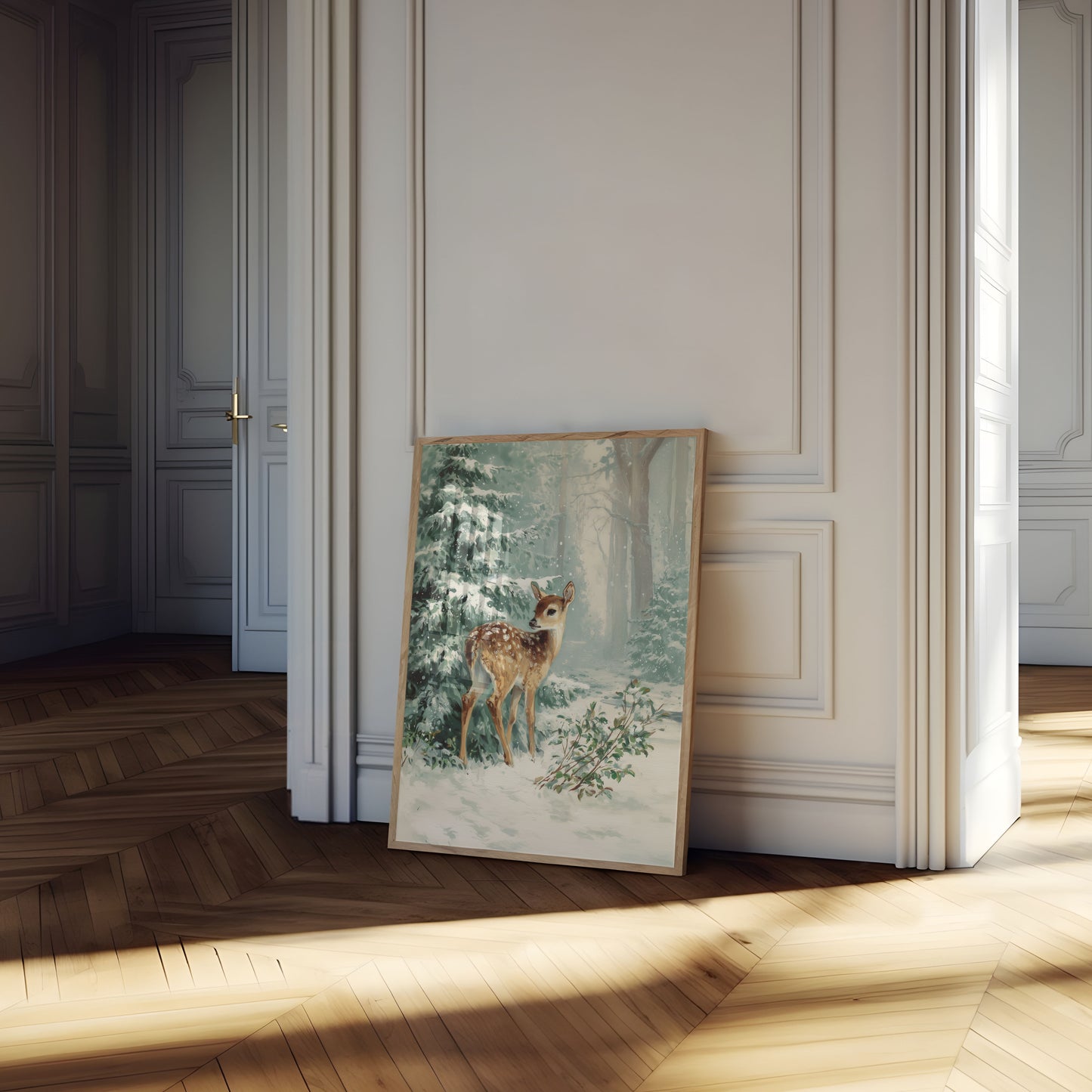 Fawn in Snowy Forest Poster