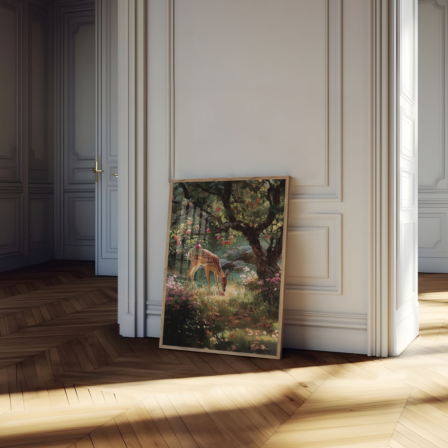 Deer in Orchard Garden Poster