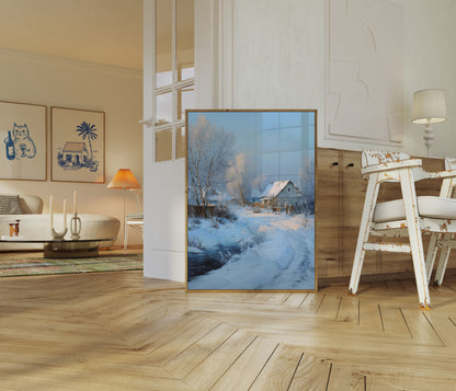Frosty Winter Village Landscape Poster