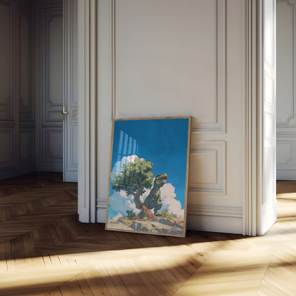 Póster de dinosaurio y árbol antiguo