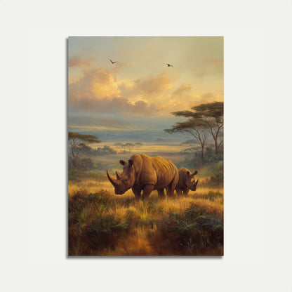 Póster de rinocerontes serenos en la sabana africana