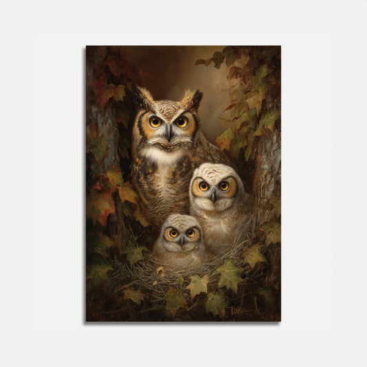 Affiche Famille de Hiboux dans la Forêt d'Automne