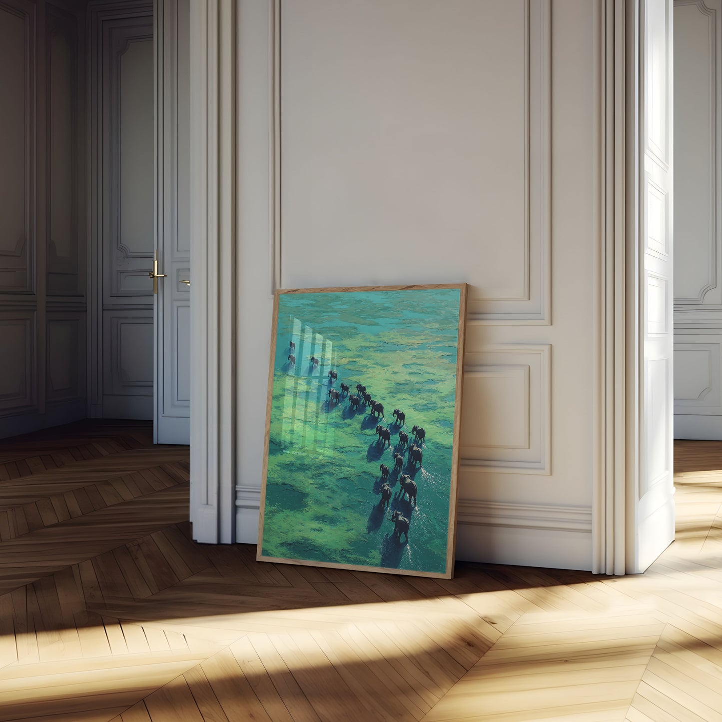 Affiche du Troupeau d'Éléphants Traversant les Eaux