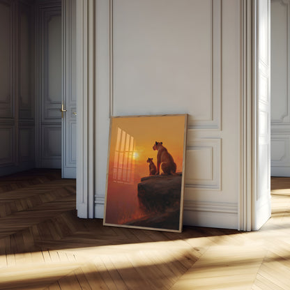 Affiche Silhouette de la Famille de Lions au Coucher de Soleil