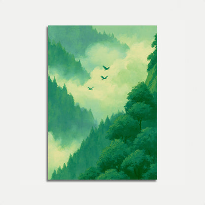 Birds Flying Through Forest Canyon Poster