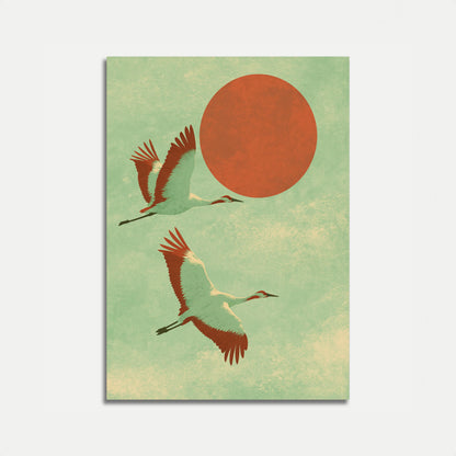 Flying Cranes and Red Sun Poster