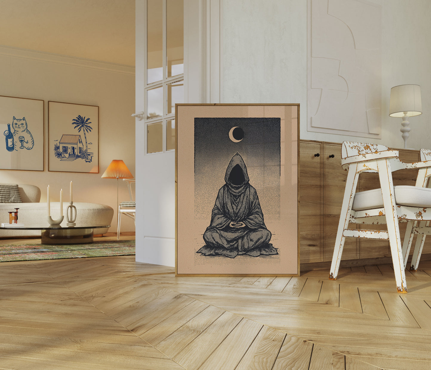 Hooded Monk Meditating Under Moon Poster