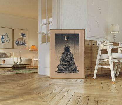 Hooded Monk Meditating Under Moon Poster