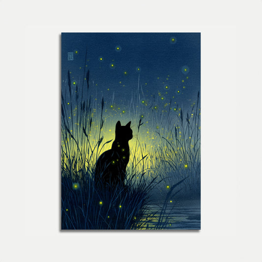Cat Among Fireflies Night Poster