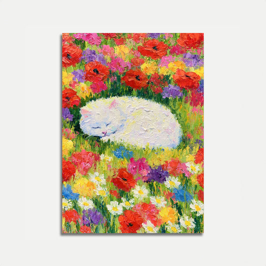Sleeping Cat in Flower Garden Poster