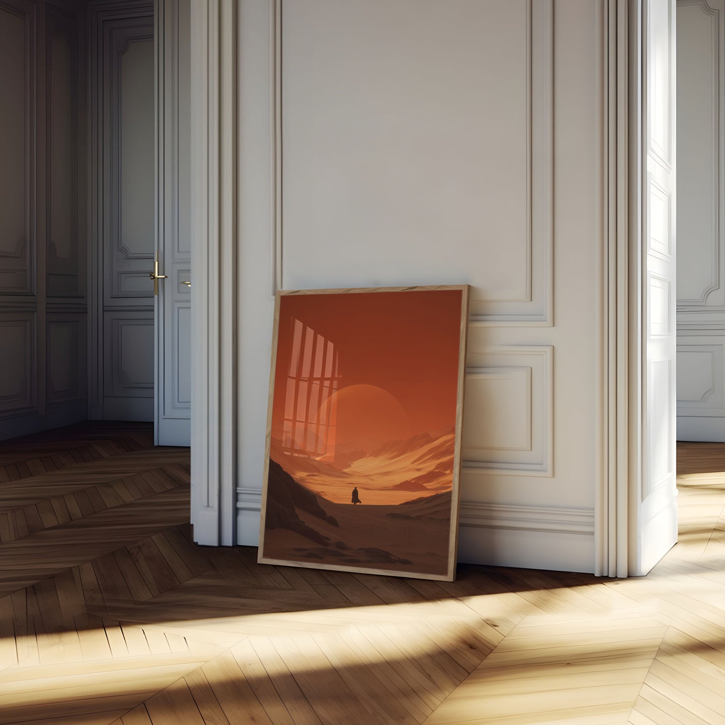 Póster cinematográfico del atardecer en el desierto de dunas