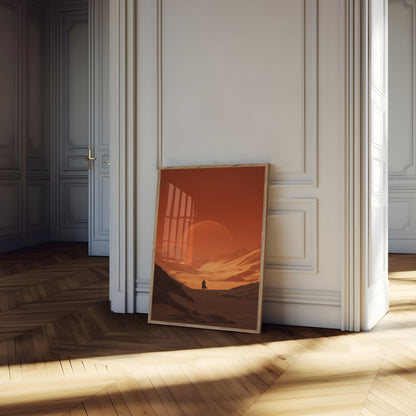 Póster cinematográfico del atardecer en el desierto de dunas