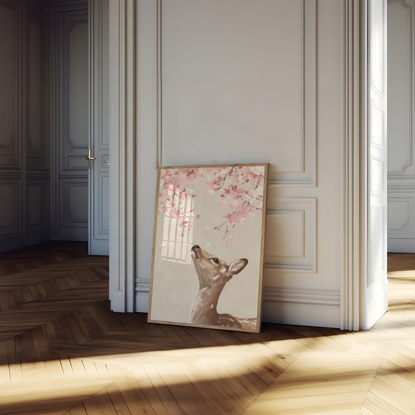 Deer Reaching for Cherry Blossoms Poster