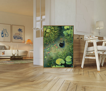 Black Cat in Lily Pond Poster